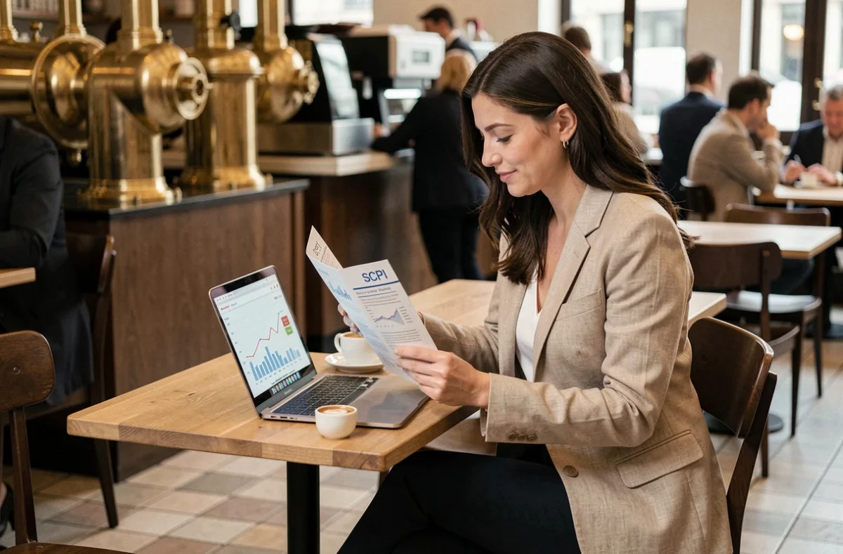 Femme consultant un document SCPI et un ordinateur portable dans un café parisien, illustrant l'investissement immobilier accessible