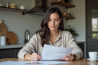 Femme lisant des documents de prêt immobilier dans une cuisine moderne