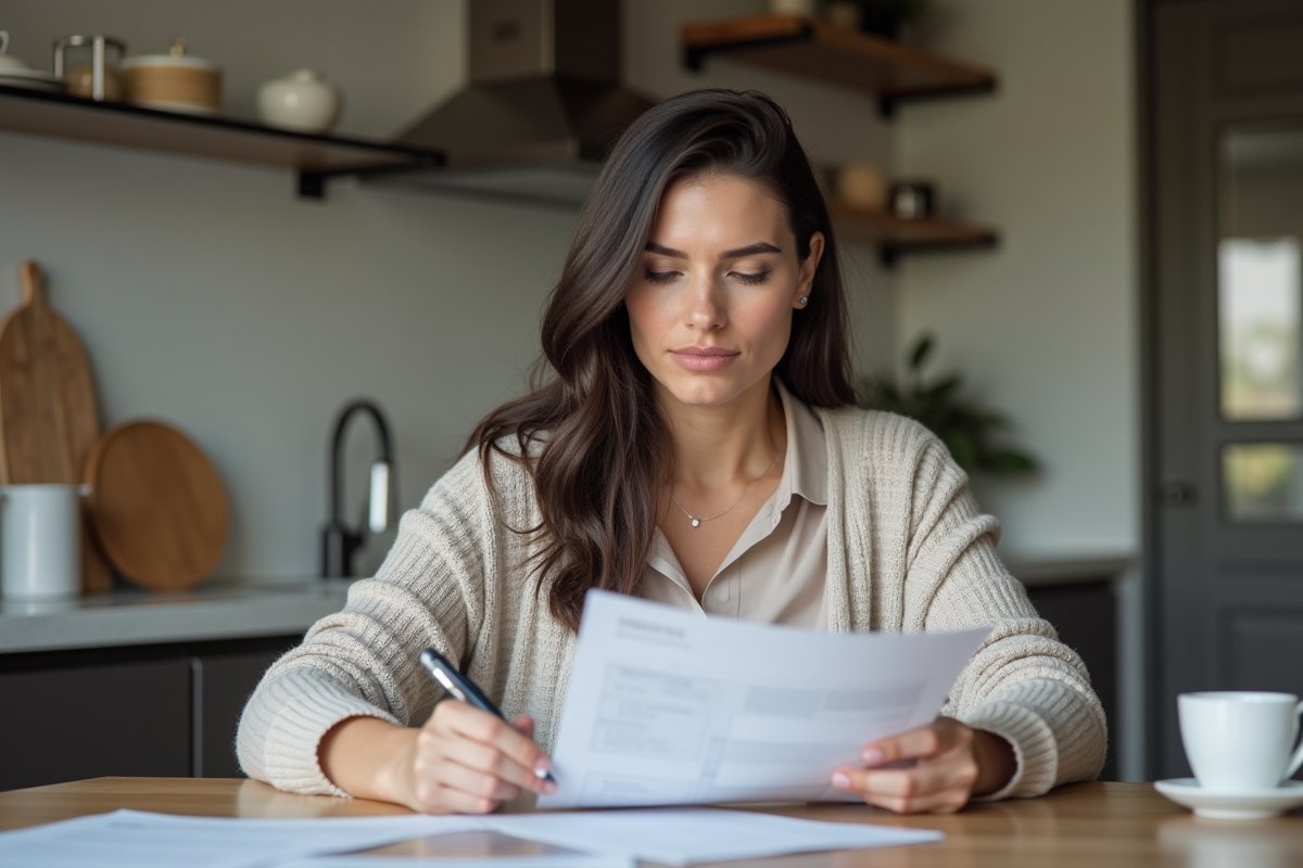 Femme lisant des documents de prêt immobilier dans une cuisine moderne