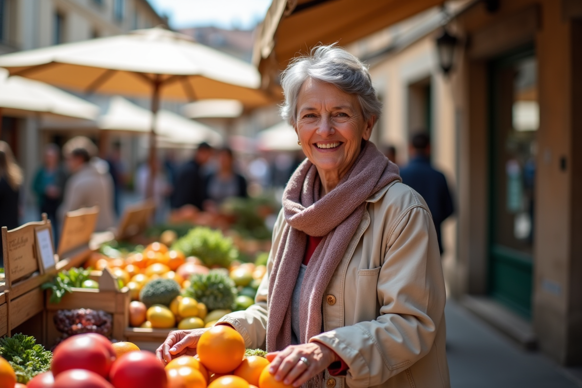 Femme américaine achetant des produits au marché français