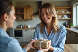 Femme offrant un cadeau à sa fille dans une cuisine chaleureuse