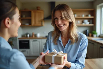 Femme offrant un cadeau à sa fille dans une cuisine chaleureuse