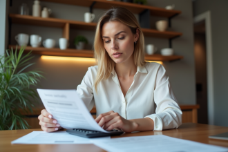 Femme en tenue casual examine des documents de prêt immobilier