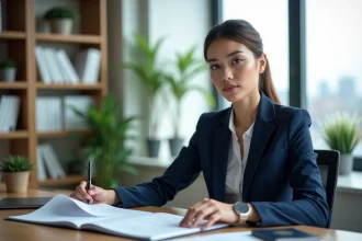 Femme en costume navy organise documents et passeport dans un bureau lumineux