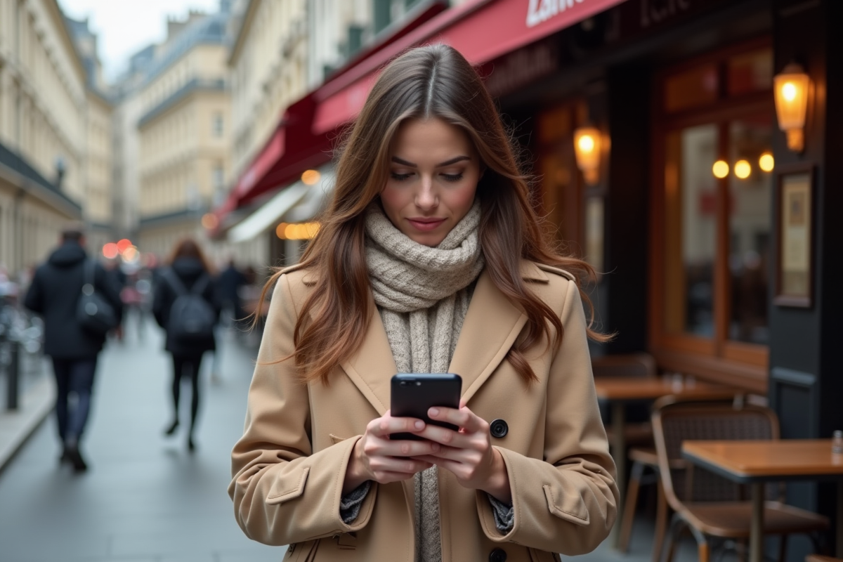 Femme parisienne consulte son application crypto en extérieur