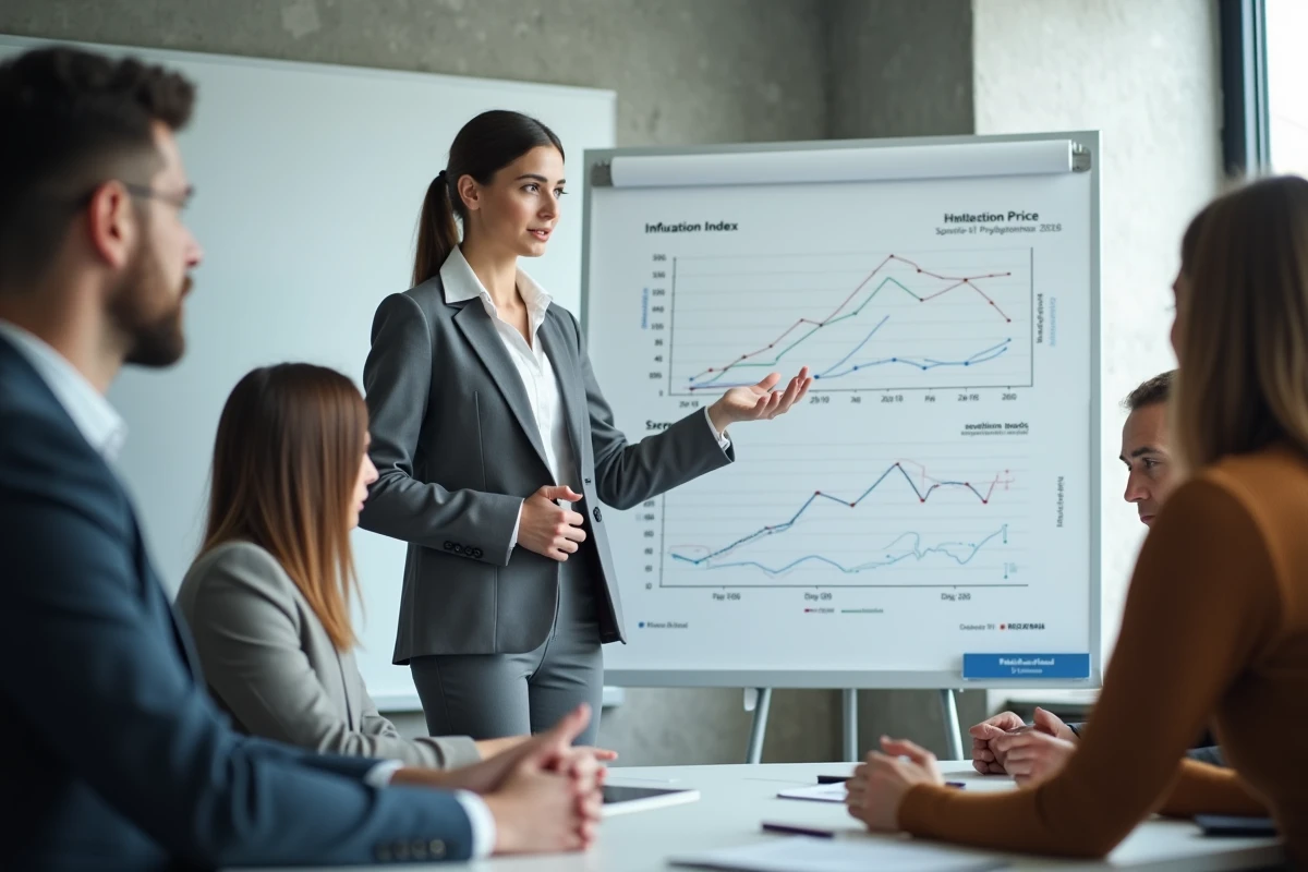 Jeune femme en blazer gris expliquant un graphique inflation