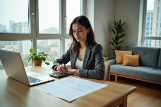 Femme d affaires dans un appartement avec documents immobiliers