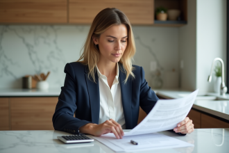 Femme professionnelle examine documents de prêt immobilier