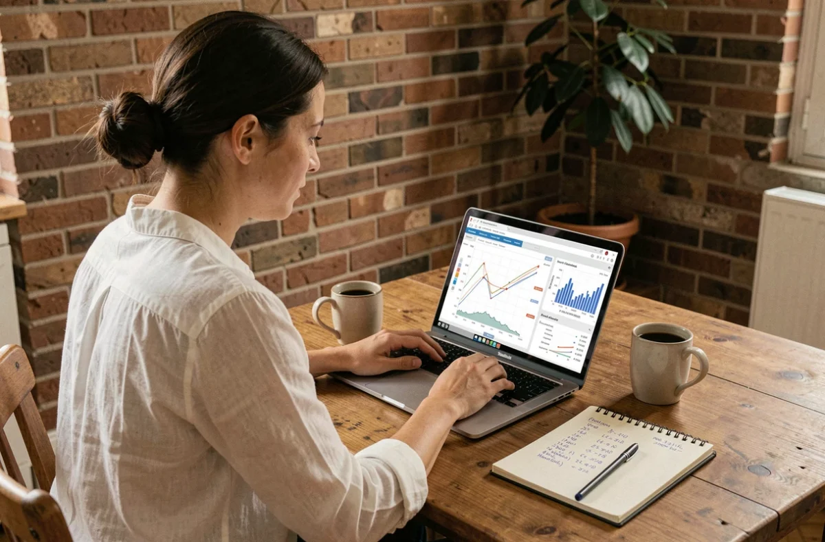 Femme consultant des graphiques de performance de SCPI sur un ordinateur portable dans un appartement parisien pour choisir les meilleures SCPI