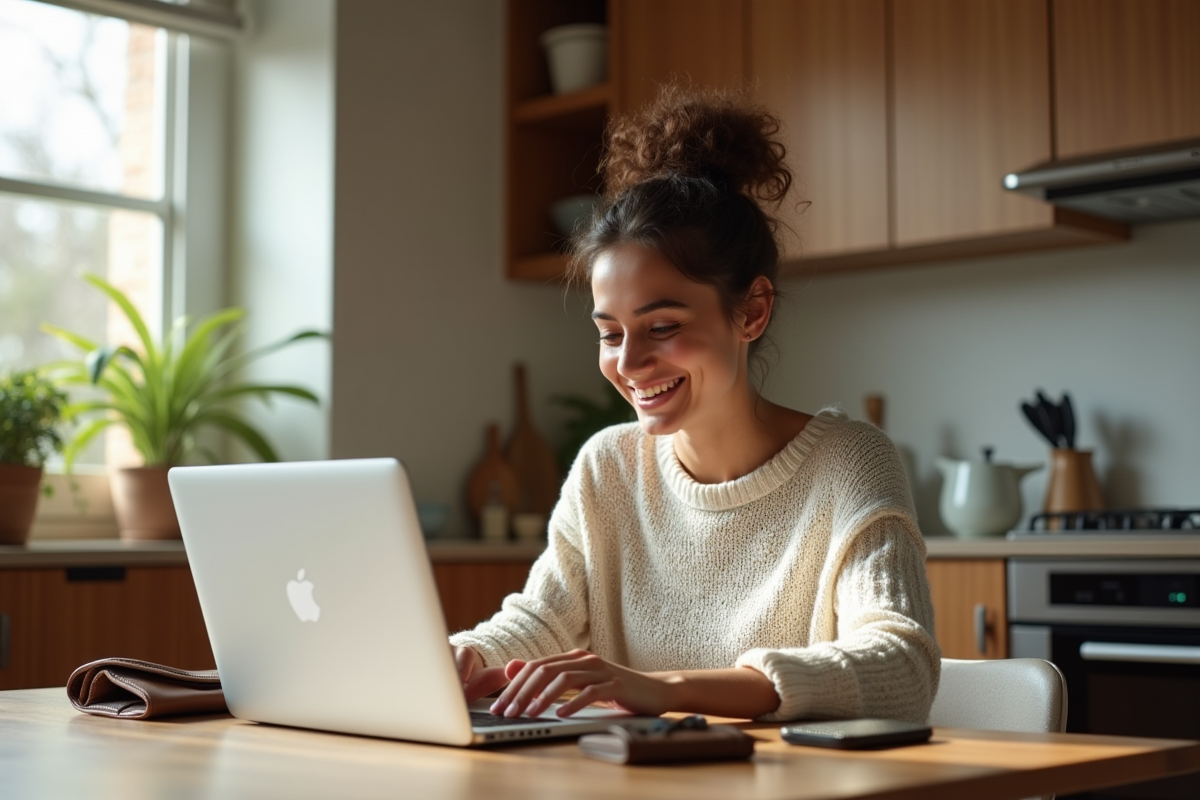 Jeune femme souriante utilisant un site cashback dans une cuisine lumineuse