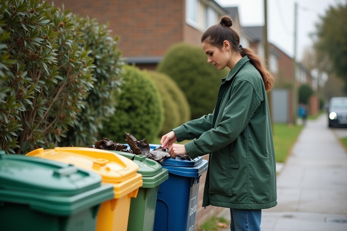 Jeune femme triant ses déchets dans un quartier résidentiel