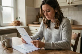 Femme consultant son relevé de compte Crédit Agricole à la table de sa cuisine pour repérer une opération inconnue