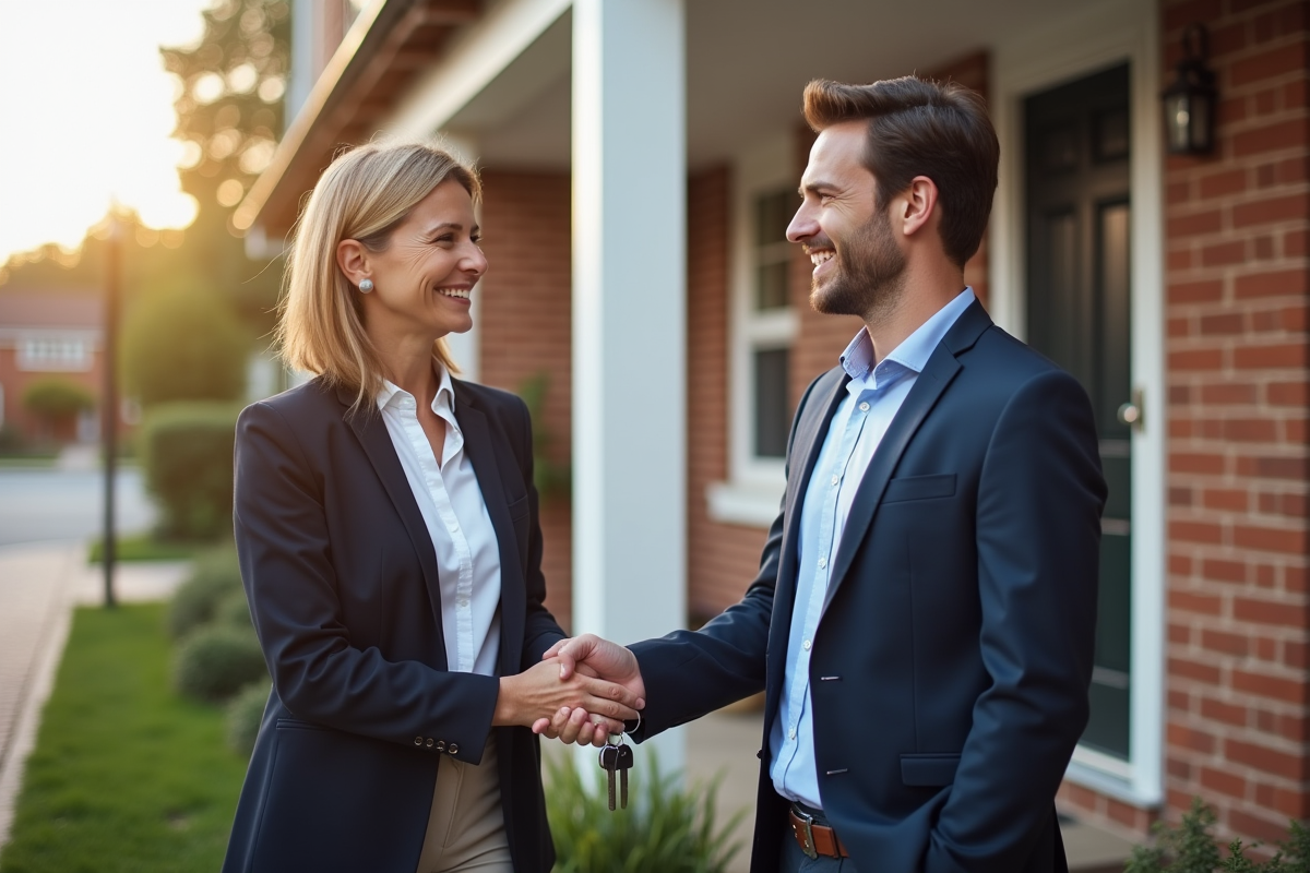 Femme souriante donnant des clés à un jeune homme devant une maison