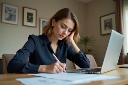 Femme concentrée remplissant ses formulaires fiscaux en intérieur