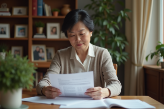 Femme chinoise retraitée à son bureau à la maison