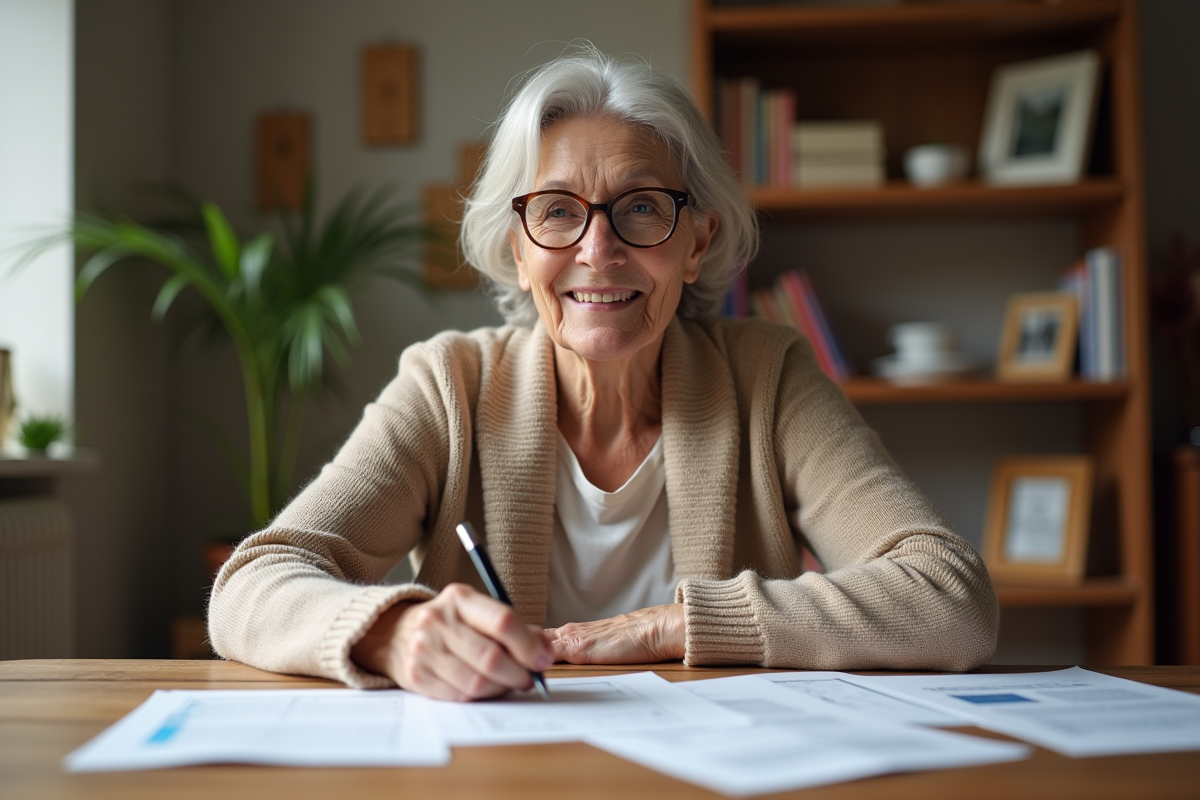 Femme âgée signant des papiers de retraite dans un salon chaleureux