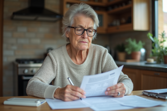 Femme d'âge moyen examinant des documents de retraite à la maison