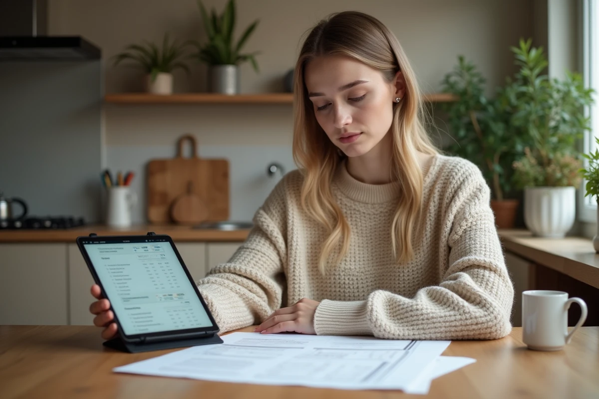 Jeune femme vérifiant ses papiers fiscaux dans la cuisine