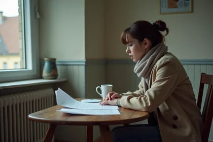 Femme en hiver examinant des papiers importants chez elle