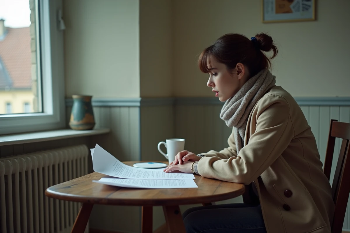 Femme en hiver examinant des papiers importants chez elle