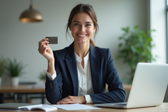 Femme professionnelle souriante avec carte bancaire en bureau