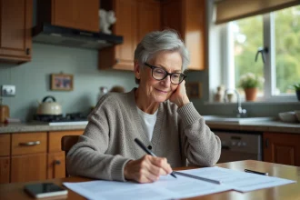 Femme senior souriante relisant des documents à la maison
