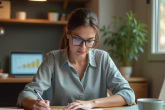 Femme consultant une simulation de crédit Macif sur des documents papier à son bureau à domicile