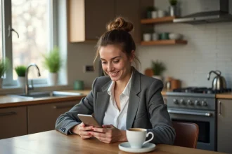 Jeune femme souriante vérifiant son smartphone dans la cuisine