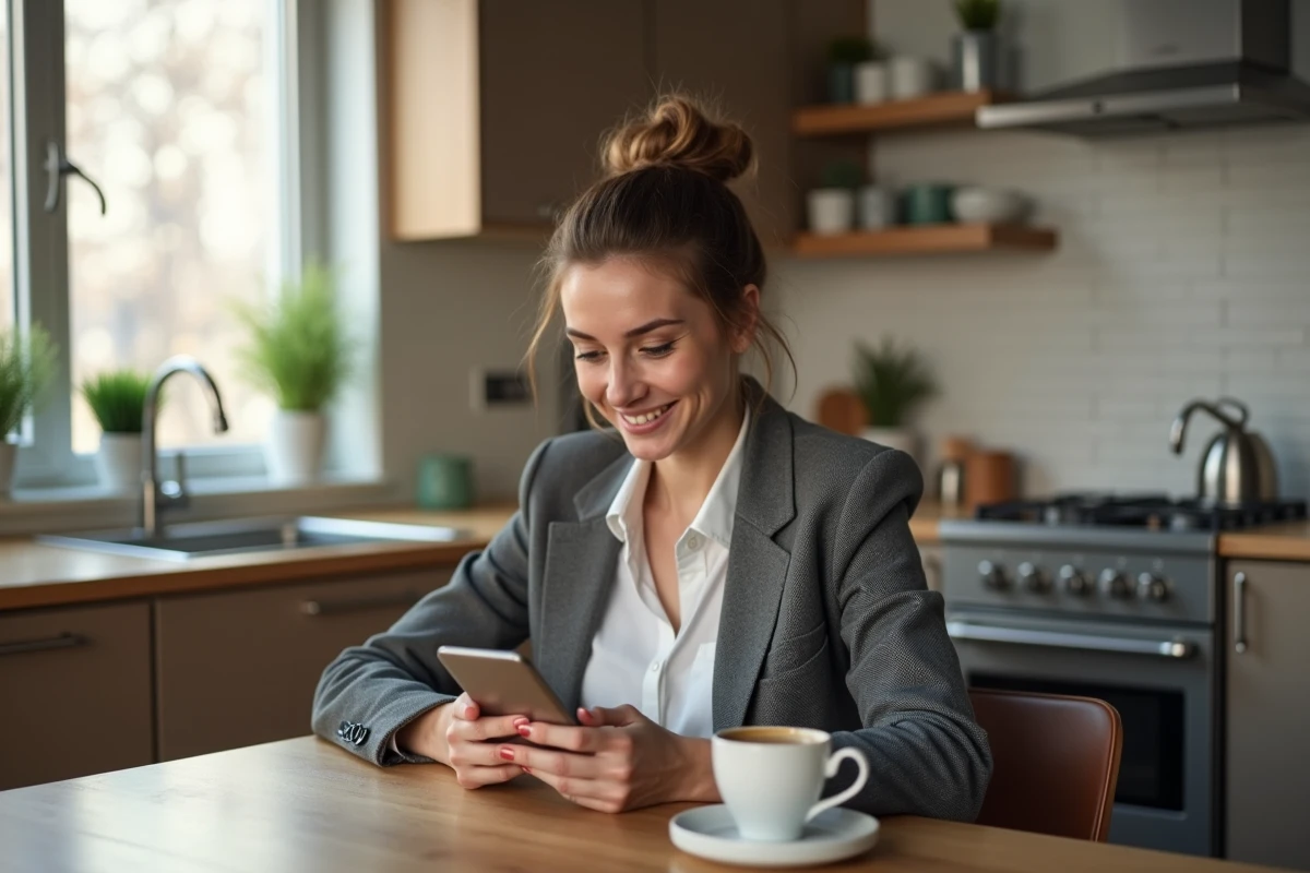 Jeune femme souriante vérifiant son smartphone dans la cuisine