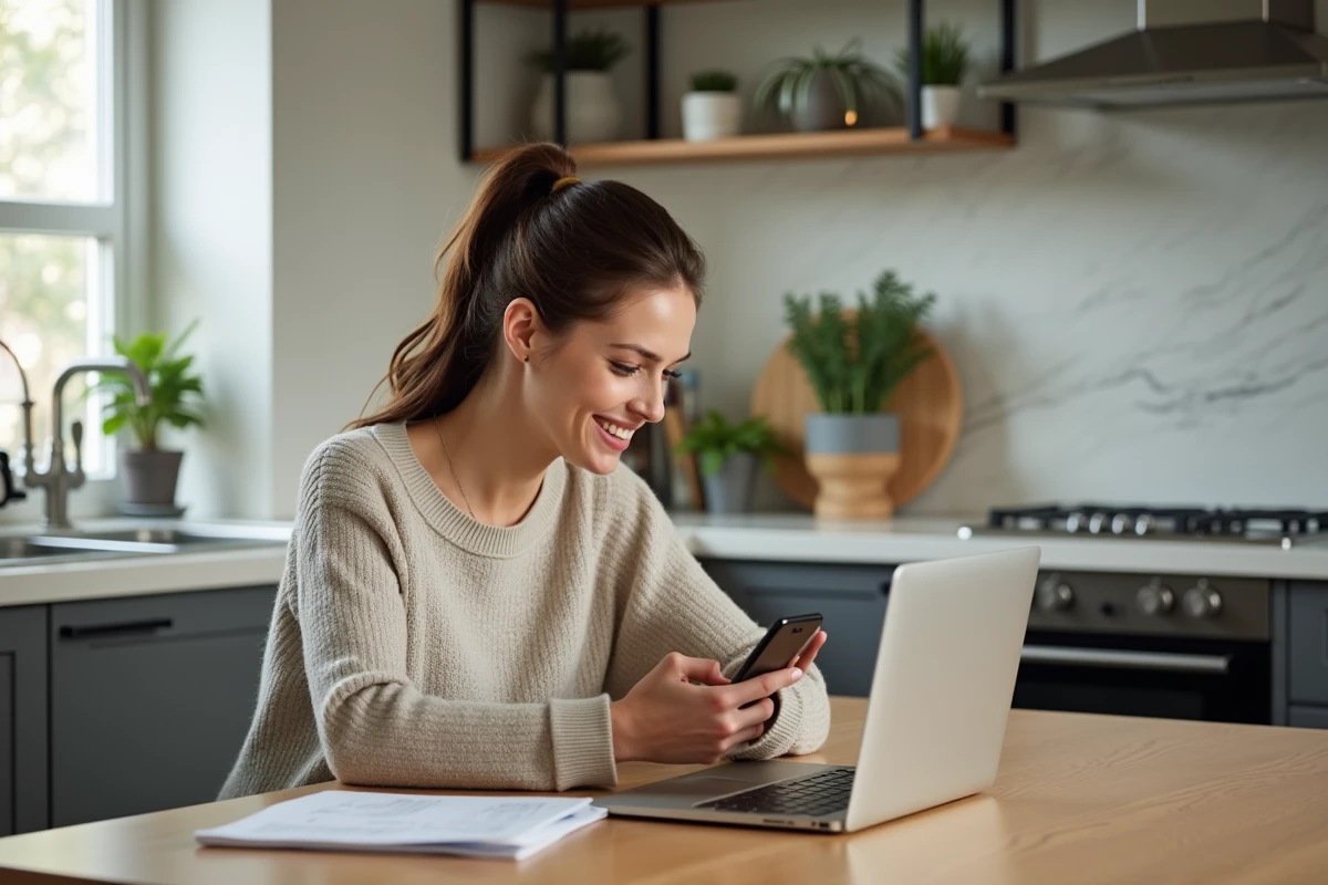Femme détendue utilisant son smartphone pour payer dans une cuisine moderne