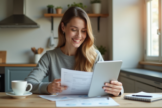 Femme souriante dans la cuisine avec documents financiers