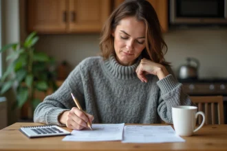 Femme consultant ses relevés bancaires et son carnet d'épargne à la table de cuisine, stratégie de placement livret bancaire 2026