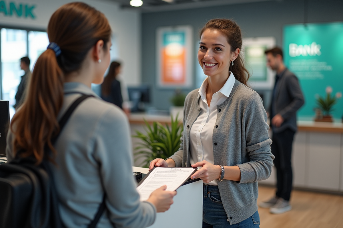 Jeune femme remettant un document signé à un conseiller bancaire dans une agence