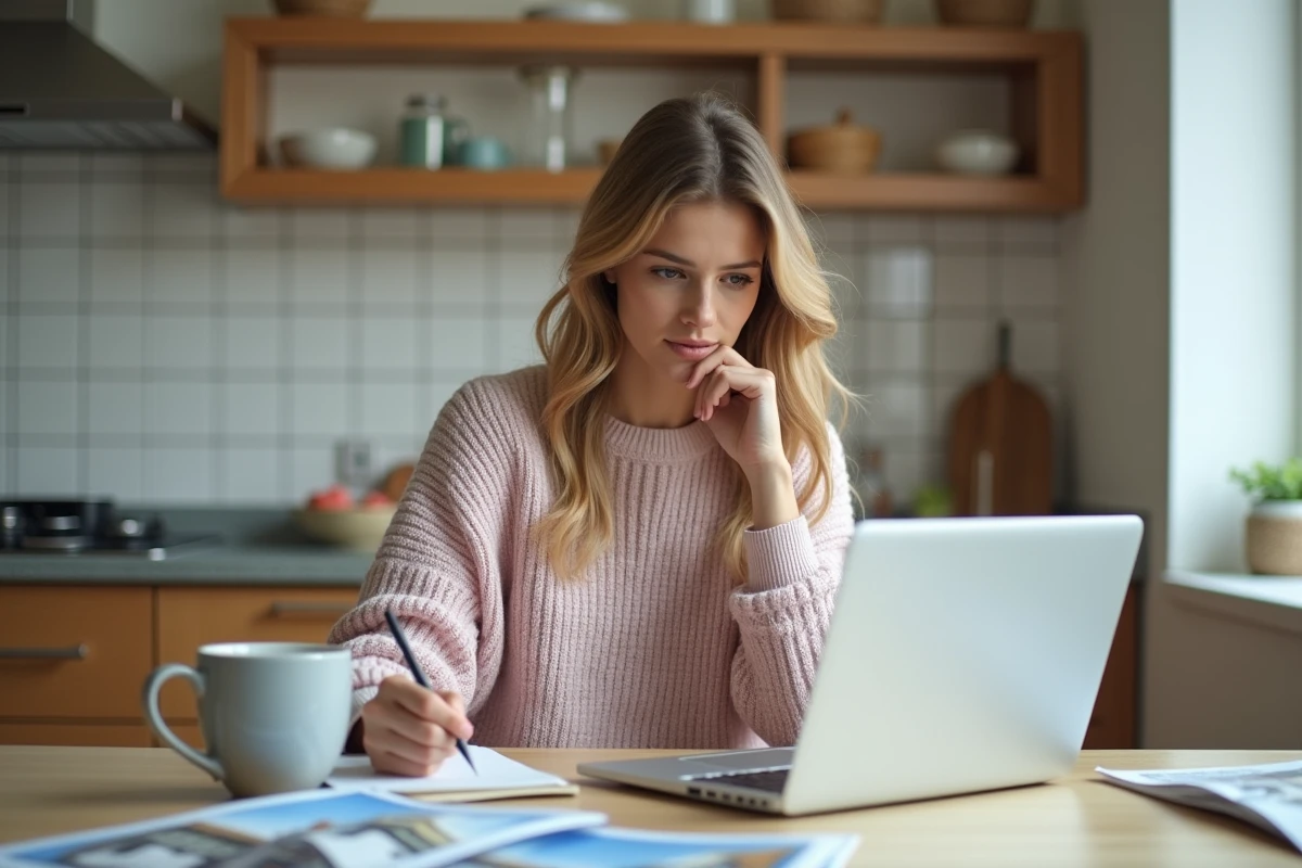 Jeune femme analysant des brochures financières à la maison