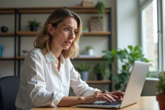 Femme au bureau regardant un site gouvernemental sur son ordinateur