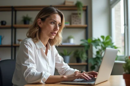 Femme au bureau regardant un site gouvernemental sur son ordinateur