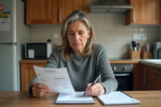 Femme examinant un bon de réduction cashback avec une expression dubitative à une table de cuisine