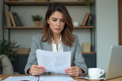 Femme consultant son solde de tout compte après démission d'un CDI à son bureau à domicile