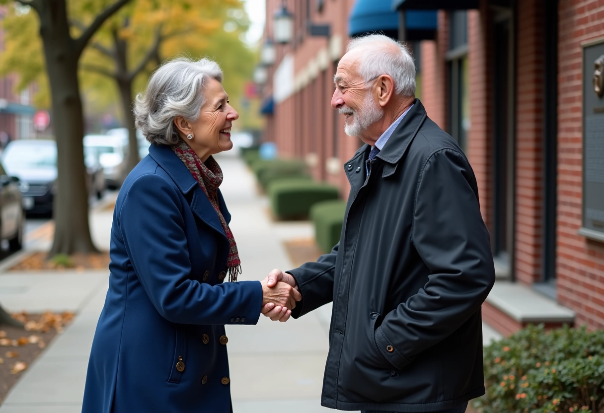 Femme saluant un vétéran devant un bâtiment associatif