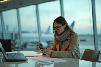 Femme voyageant à l'aéroport avec smartphone en main