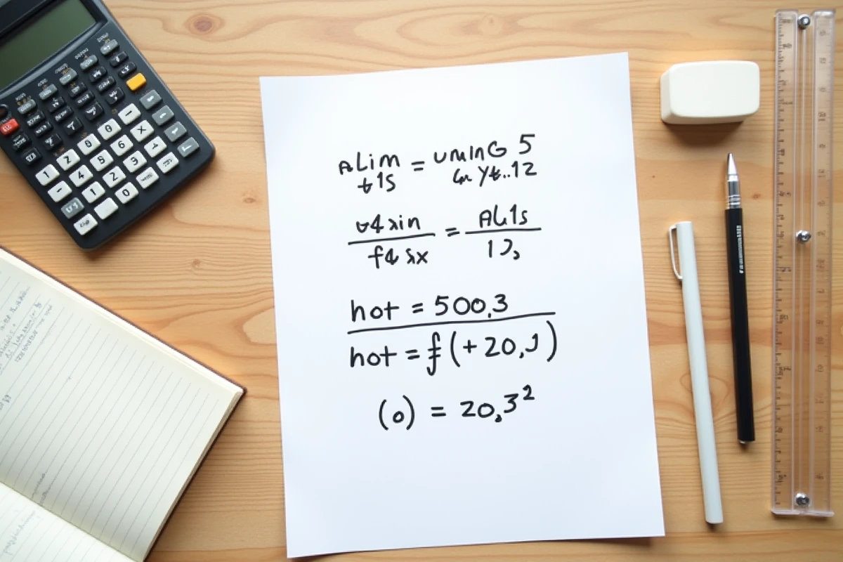 Vue aérienne d'une feuille d'exercice de maths avec la formule du taux d'évolution écrite à la main et une calculatrice scientifique