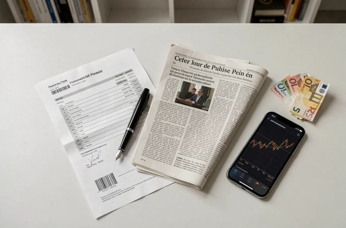 Vue aérienne d'une fiche de paie avec des billets en euros, un journal politique et un stylo plume sur un bureau, illustrant la composition du salaire et des indemnités d'un homme politique français