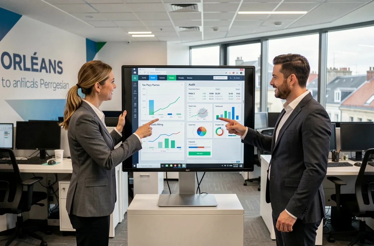 Équipe FIDUCIAL Expertise Orléans collaborant autour d'un tableau de bord financier intégré dans un espace de travail moderne