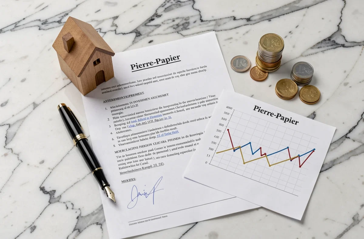Flat lay symbolisant l'investissement immobilier en SCPI avec document signé, maison miniature et pièces euro