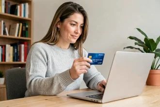 Femme gérant sa carte bancaire en autonomie sur un ordinateur portable depuis son bureau à domicile