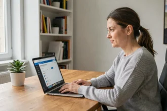 Femme gérant son compte en ligne Caisse d'Epargne depuis un bureau à domicile sur ordinateur portable