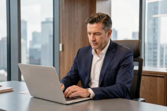Homme en costume consultant ses comptes bancaires privés sur un ordinateur portable dans un bureau moderne de banque privée