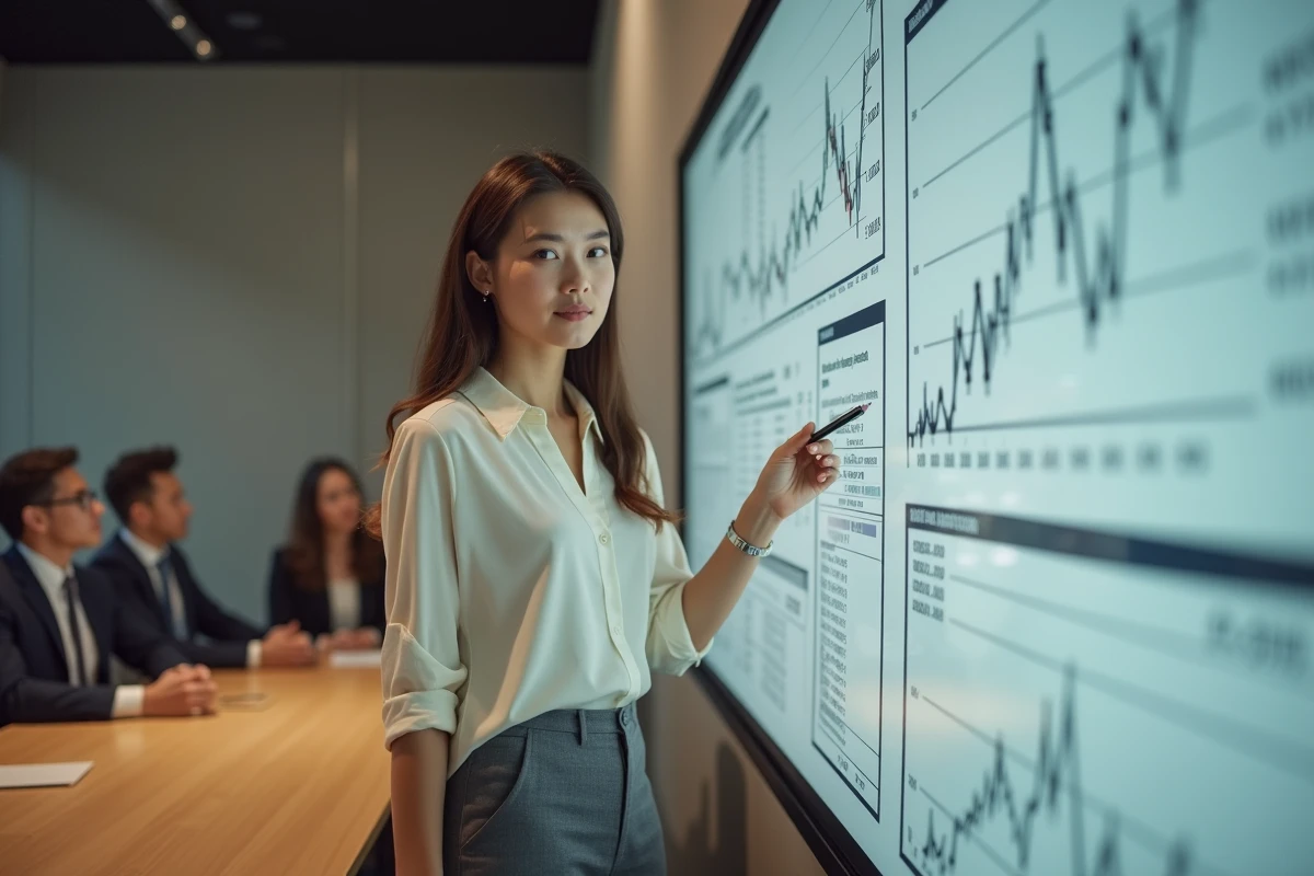 Jeune gestionnaire financière pointant un tableau