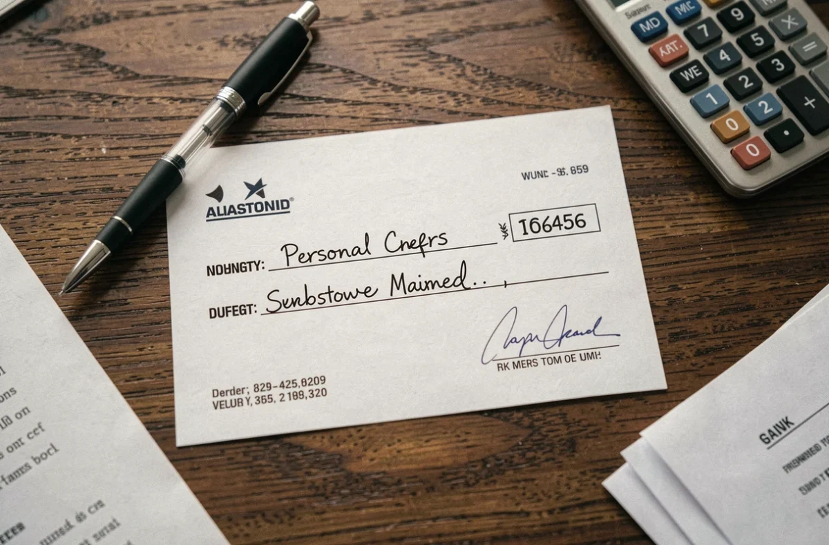Gros plan sur un chèque rempli posé sur une table en bois avec un stylo et une calculatrice, contexte de transaction financière entre particuliers