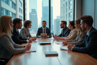 Groupe de professionnels en réunion dans une salle moderne